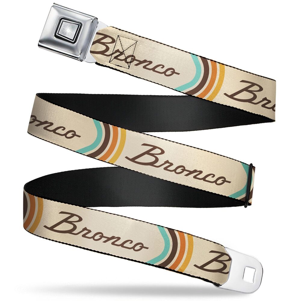 6244 Ford Belt, Seatbelt Buckle, Ford Bronco Script Beige Brown Blue Orange